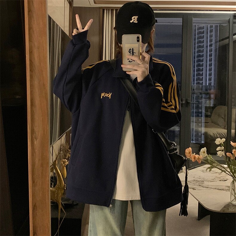 A402-P80复古三条杠立领外套卫衣春秋宽松开衫设计感拉链上衣,女装短外套,星座911