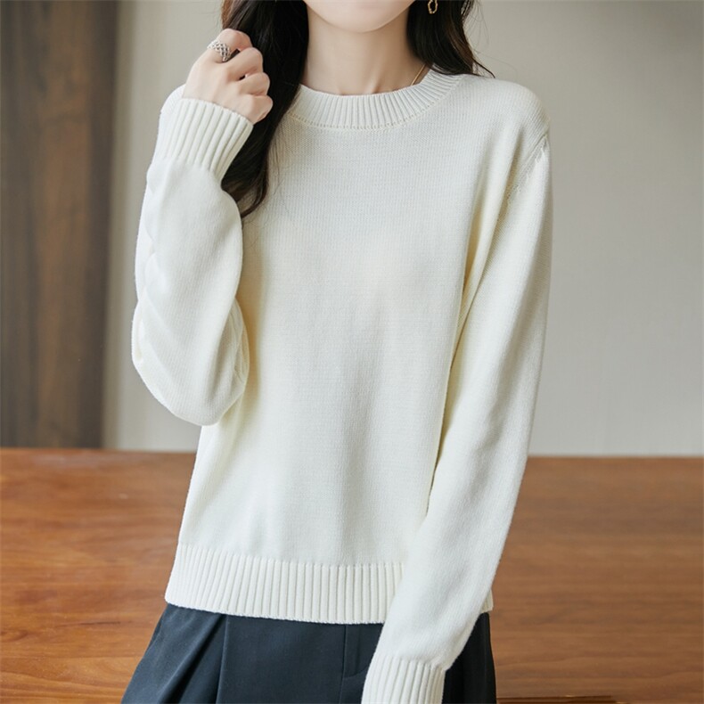 2025年秋季新款百搭女士长袖圆领纯色针织衫，女装针织衫/毛衣，丹芙娇羊绒