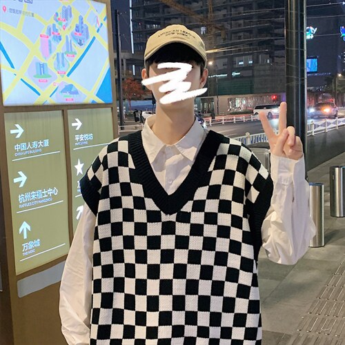 ！2025秋冬新款男士格子毛衣背心中性潮流无袖针织衫MX02P60，男装背心/马甲，电商B220
