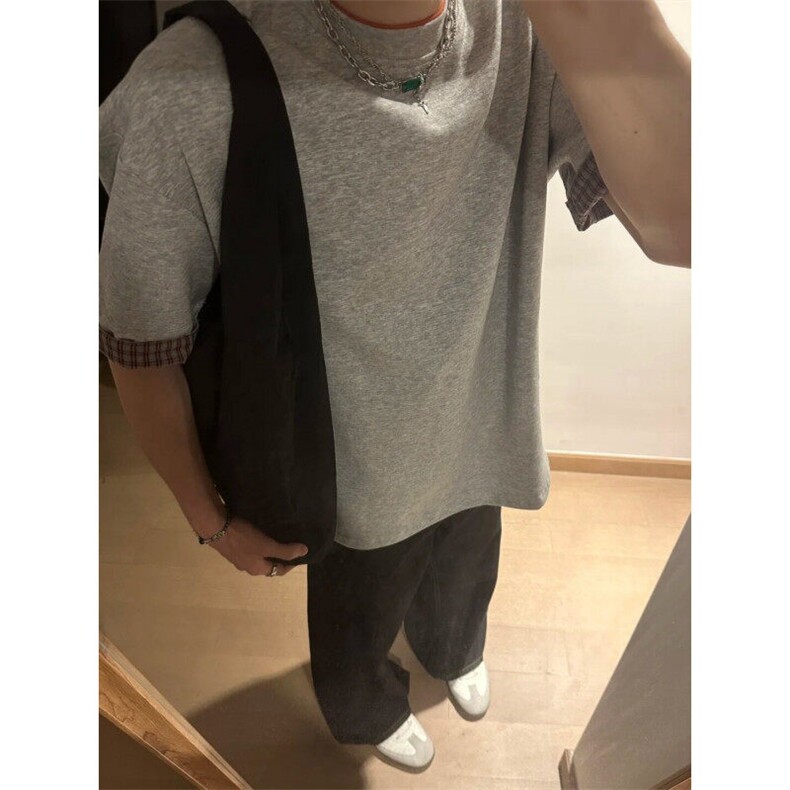 TXY44LL-P37cleanfit美式复古格子拼接短袖t恤高级感小领口半袖,男装T恤,星座1007（原301D）