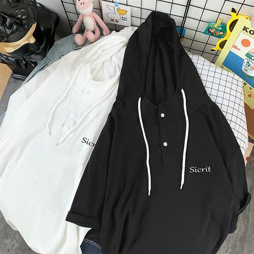 LD54098-P45 连帽短袖t恤男大码胖子带帽五分袖中袖图片