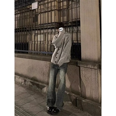 灰色慵懒风V领开衫毛衣男cleanfit美式高级感痞帅针织衫外套秋冬，男装针织衫/毛衣，星座506A