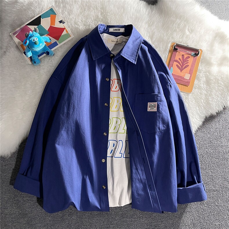 克莱因蓝 春秋款 棉衬衫男长袖纯色宽松休闲衬衣潮流DX175P40控58图片