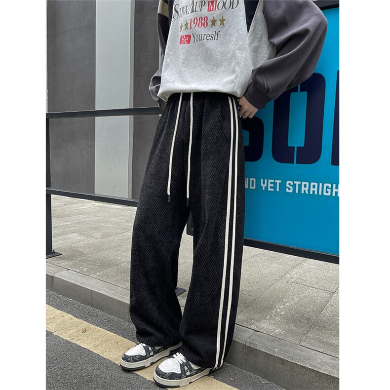 美式复古休闲裤男秋季条纹拼接直筒弯刀裤cleanfit宽松显瘦阔腿裤图片