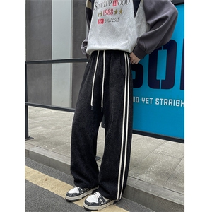 美式复古休闲裤男秋季条纹拼接直筒弯刀裤cleanfit宽松显瘦阔腿裤图片