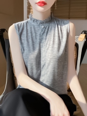 无袖女夏季木耳领袖衫宽松简约百搭纯色女上衣，女装针织衫/毛衣，绒宛羊绒