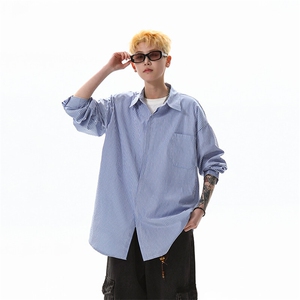 日系cityboy蓝白条纹衬衫男长袖潮牌美式高级感工装衬衣外套春秋图片