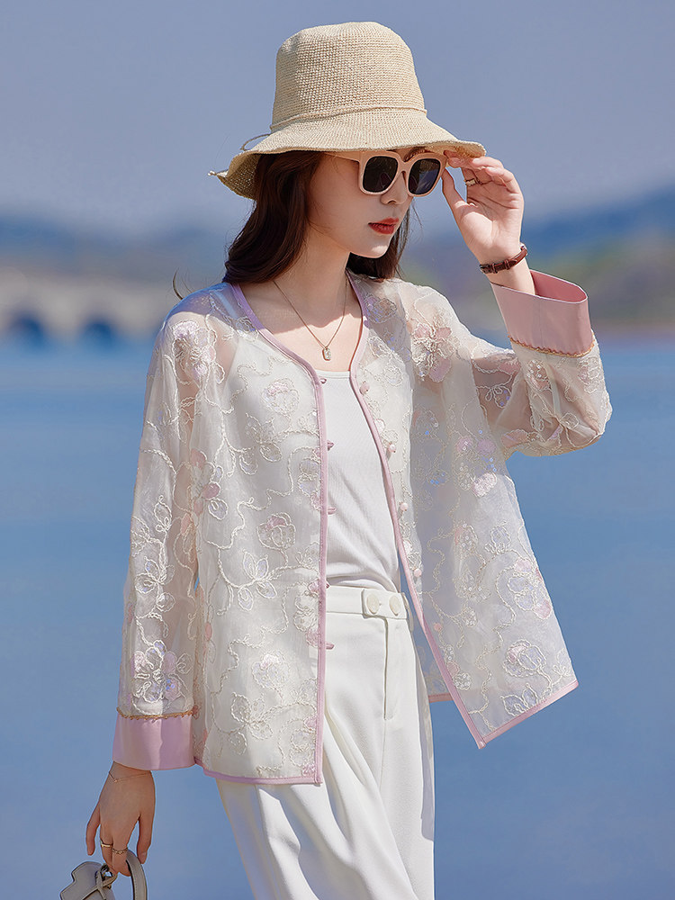 甜美小香风刺绣欧根纱薄外套女2025春夏新款气质百搭防晒开衫上衣,女装短外套,靓衣阁