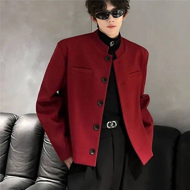 风秋男立领西装单排扣外套本命红新中式小香风西服JAK35P60，男装西服套装，星座1013-1