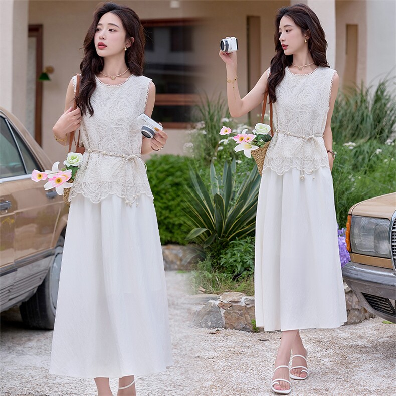 2025年夏季新款女时尚气质优雅修身显瘦无袖小衫+半身裙两件套，女装连衣裙，奋斗女王