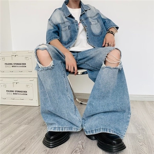 美式复古小众做旧牛仔衬衫男高街痞帅潮牌破洞牛仔裤衣服一套搭配图片