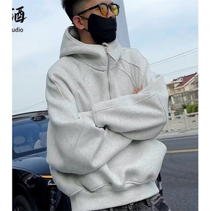 美式解构半拉链卫衣男小众设计纯色连帽外套秋季硬挺上衣 W03图片