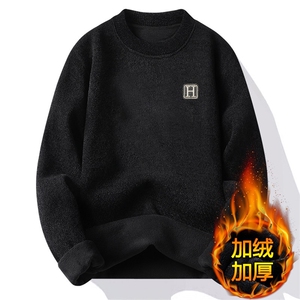 一体绒高端圆领毛衣男加厚加绒保暖上衣雪尼尔针织衫套头打底衫图片