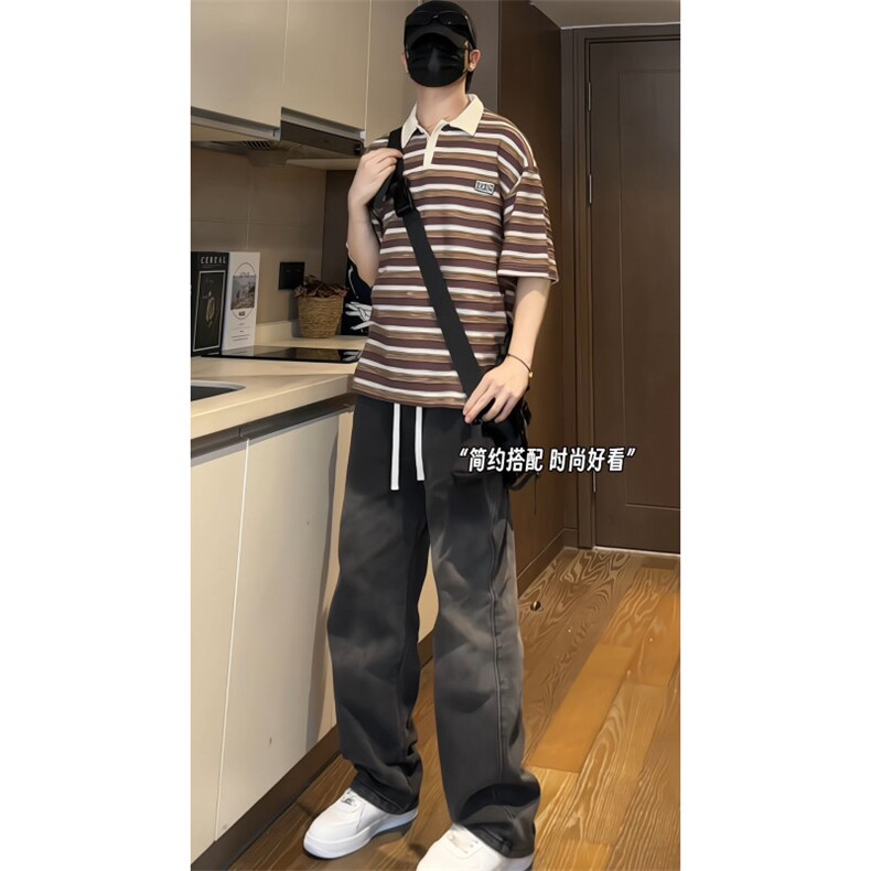重磅洗水撞色条纹毛边POLO衫短袖T恤XP2323-P45控68,男装Polo衫,电商B370