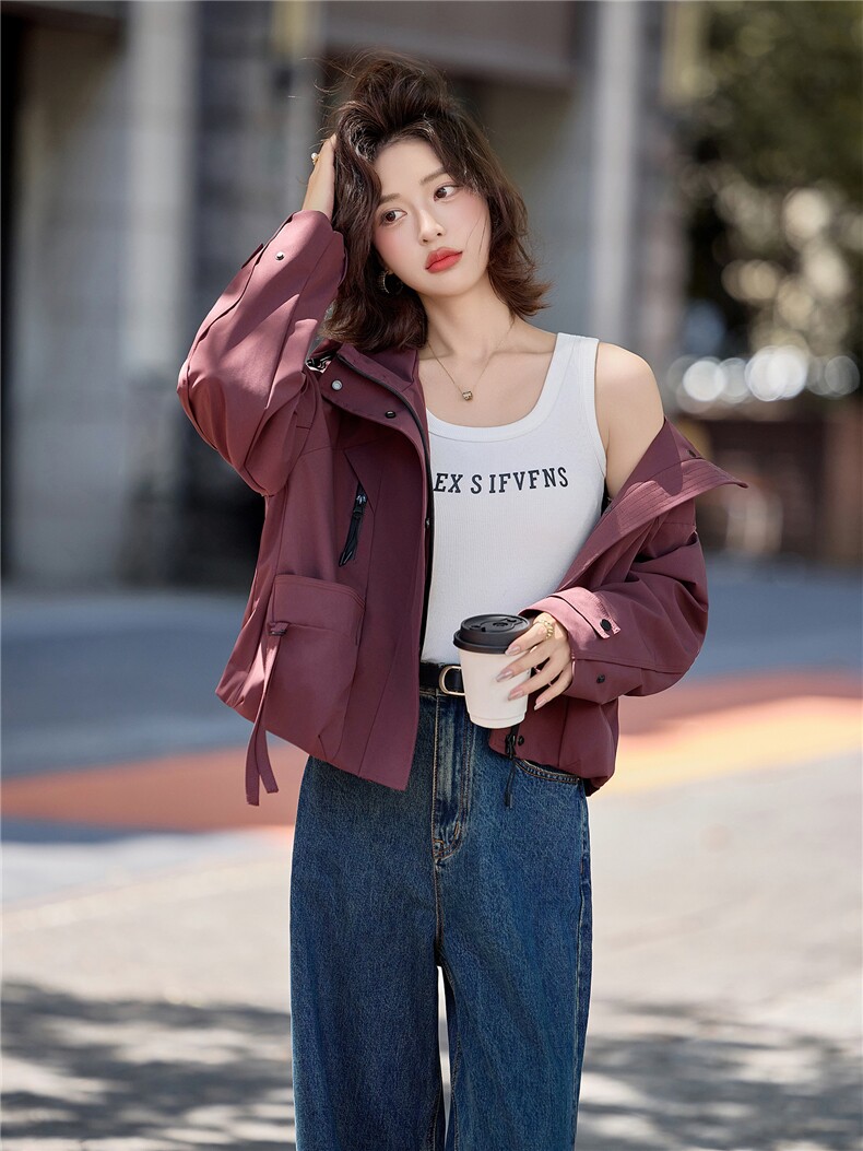 连帽工装风衣夹克外套女2025秋季宽松休闲上衣短款小个子外套女,女装短外套,E百度