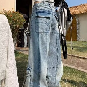 A18-P70 大码美式复古解构飘带工装牛仔裤女高街多口袋破洞图片