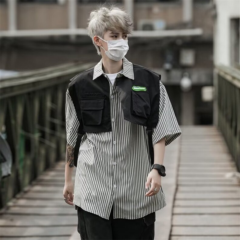 痞帅休闲短袖衬衫男设计感外套日系宽松衬衣条纹港风寸衫MC39-p42,男装T恤,星座1008-1