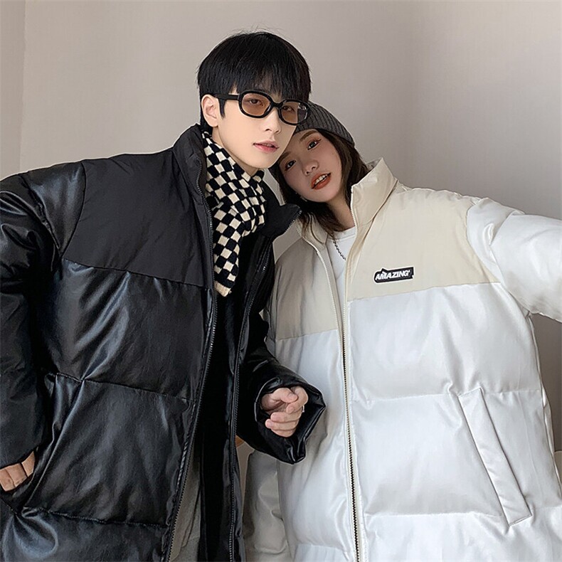 2025冬季新款港风情侣原创PU皮拼接潮面包服棉衣外套GM03-P50，男装棉衣，电商B277A（原A068）