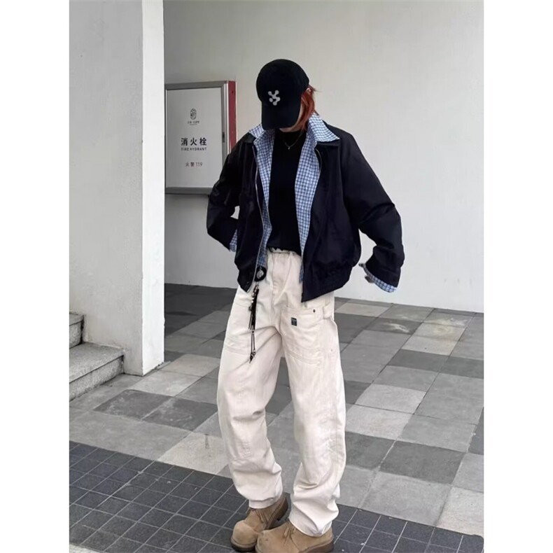 撞色拼接格子假两件夹克外套男女秋季翻领情侣开衫上衣,男装夹克,星座410-7