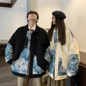 1港风情侣刺绣拼接设计棉衣大码M-5XL夹克棉服外套8706P115控158图片