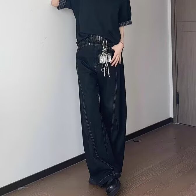设计感辑明线轮廓设计黑色牛仔裤男女同款阔腿直筒裤,男装牛仔裤,四季星座505