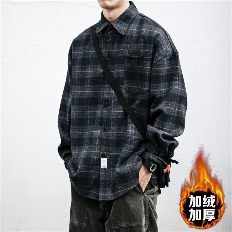 秋冬男女加绒衬衫时尚格子保暖加绒衬衣长袖上衣外套,男装衬衫,星座1013-1