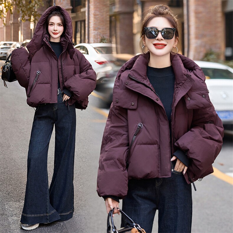 超好看紫色短款羽绒服女2024冬新款小个子宽松时髦洋气白鸭绒外套,女装羽绒服,伊仟回