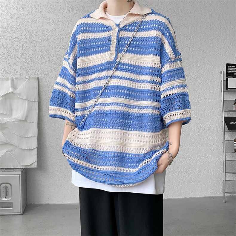 8XL-M 特大码美式复古条纹撞色针织POLO衫翻领休闲短袖TDX311P35图片