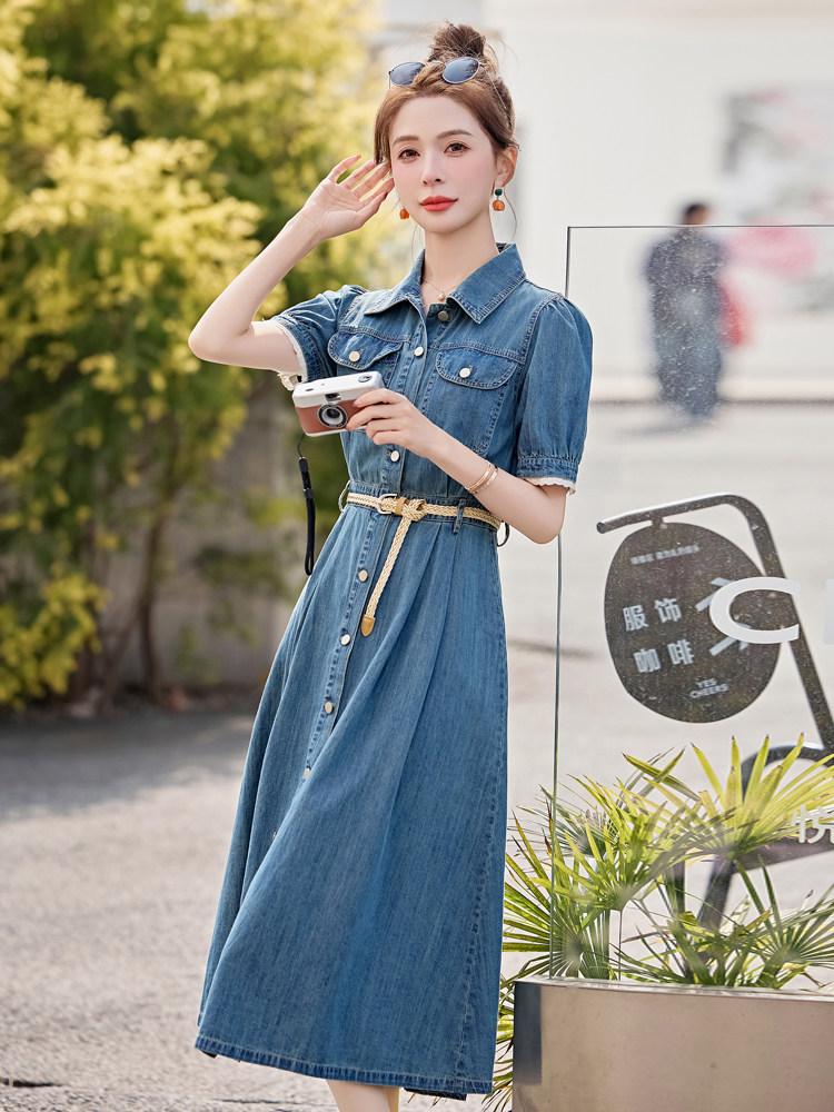 牛仔连衣裙2025夏季新款独特超好看法式气质漂亮收腰显瘦衬衫裙子,女装连衣裙,意芙