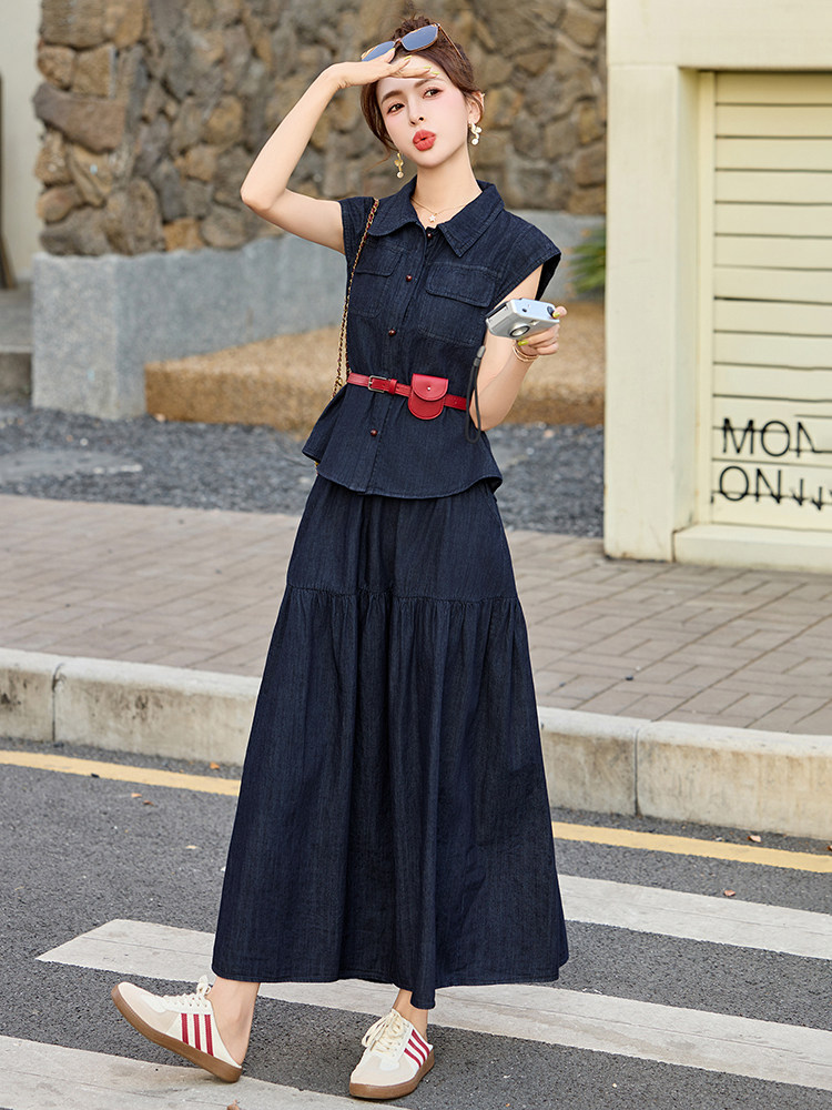 时尚牛仔套装连衣裙女2025夏季新款气质收腰无袖衬衫半身裙两件套,女装套装/套裙,布芭啦