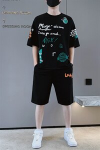 新款夏季潮流时尚T恤男装青少年宽松休闲吸汗透气套装F310P58图片
