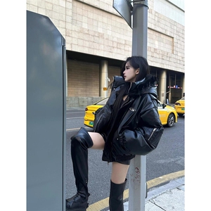 大毛领连帽小众设计感P棉服男冬季加厚外套朋克皮夹克M8033