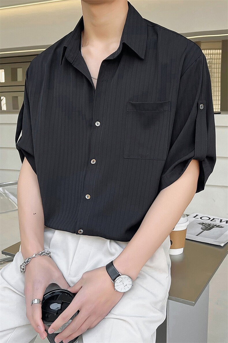 大货轻熟风垂感冰丝暗条纹五分袖衬衫男士短袖宽松衬衣DJ8313P55,男装T恤,电商B413