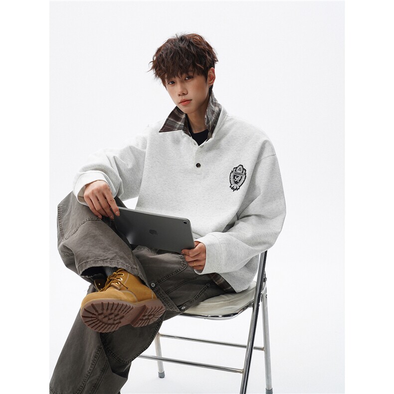 现货WY10207-特批40控78撞色拼接学院风假两件衬衫领男大码卫衣，男装衬衫，电商A059