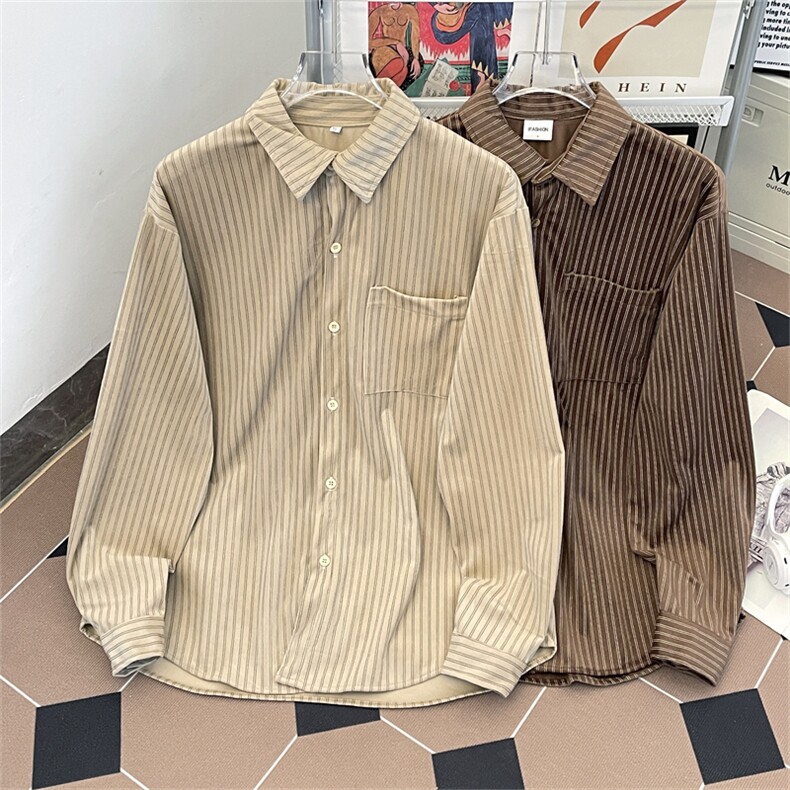 秋季新款港风日系复古丽丝绒条纹翻长袖衬衫男设计感  ZC777-P45图片