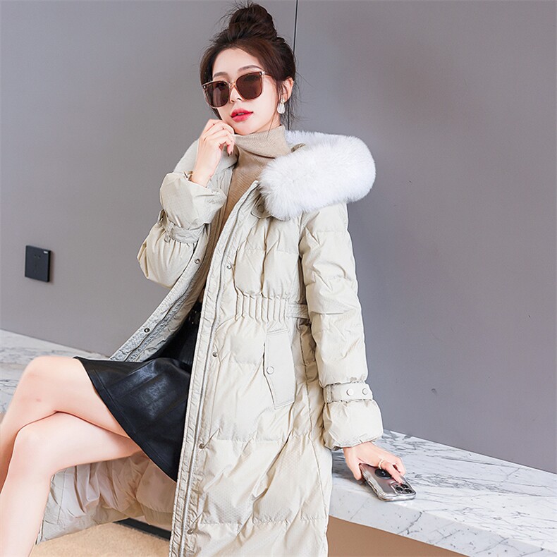 羽绒服新款2022年女装腰间抽绳修身可脱卸真狐狸毛领长款90白鸭绒,女装羽绒服,时尚俏佳人