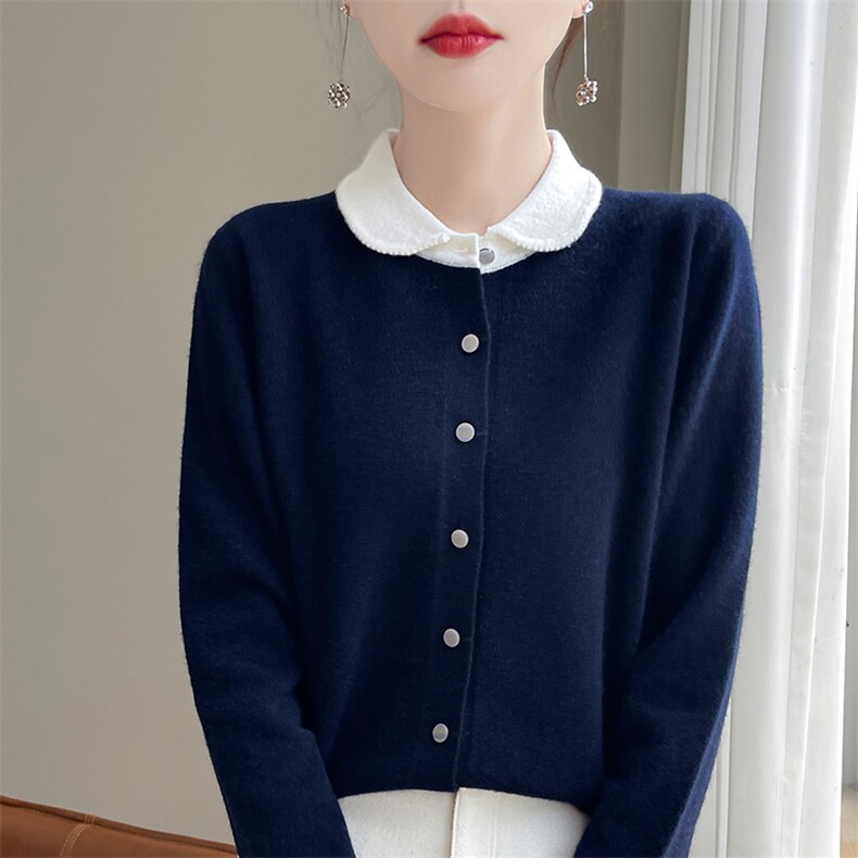 2025秋冬娃娃领长袖针织开衫女短款毛衣羊毛外套POLO领小个子上衣，女装针织衫/毛衣，片语羊绒