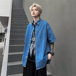 牛仔衬衫短袖男夏季美式复古翻领口袋工装衬衣外套 C917图片