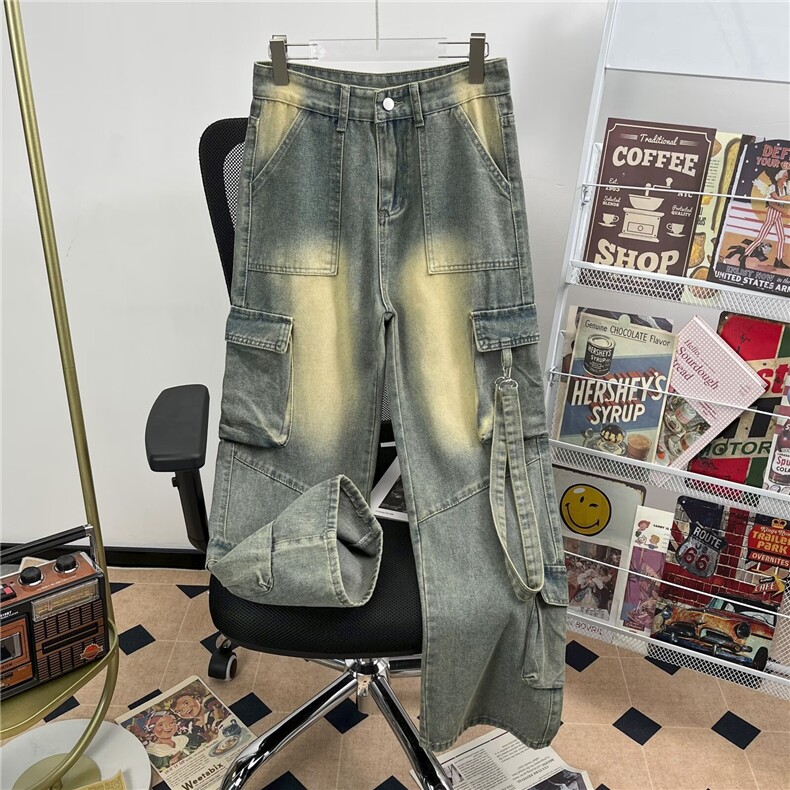 美式复古直筒黄泥染牛仔裤男秋多口袋吊带宽松工装裤潮NC46/P58,男装牛仔裤,星座506