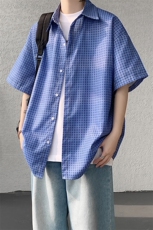 8XL-M短袖衬衫男夏宽松慵懒风痞帅条纹格子衫半袖外套DC28005P40，男装衬衫，电商B312
