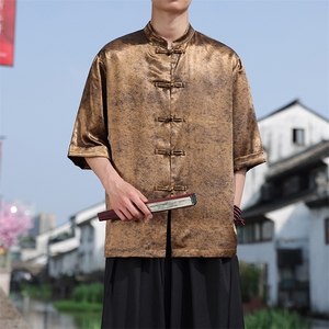 新中式大码七分袖衬衫2025夏季新款男立领大码盘扣上衣CS2461-P60图片