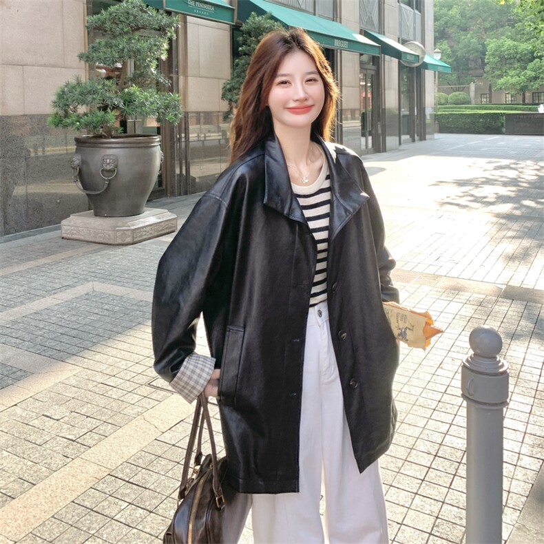 减龄复古格纹拼接皮衣外套女春秋2025新款小个子PU夹克爆款高级感图片