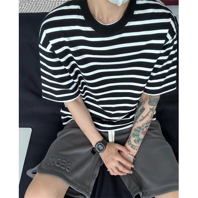 现货小领口黑白条纹宽松T恤经典横条纹短袖T6500-特P28，男装T恤，星座1212