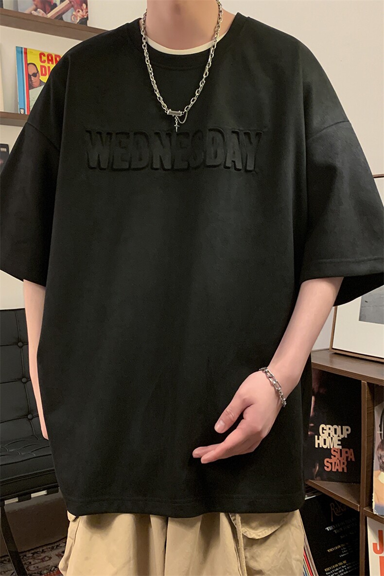 T131/P30麂皮绒短袖t恤男夏季美式重磅钢印oversize宽松半袖体恤,男装T恤,电商基地A050