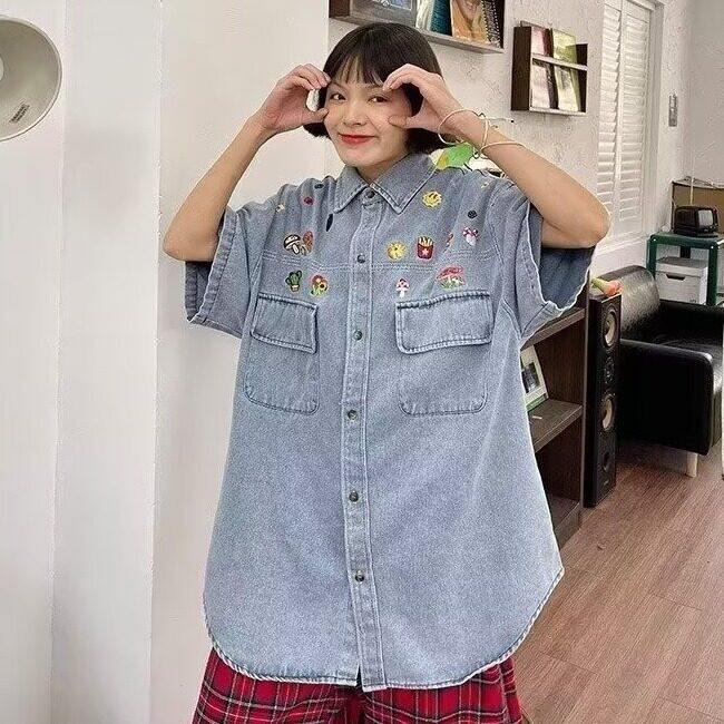 复古水洗卡通刺绣牛仔女港风宽松短袖工装衬衫男衬衫网图CS610p55,男装衬衫,星座302B