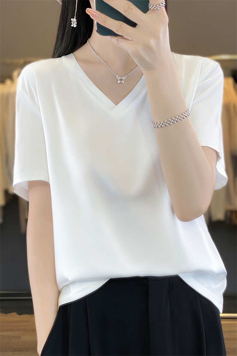 缎面短袖上衣女夏2024新款潮宽松时尚气质纯色衬衫,女装衬衫,绒宛羊绒