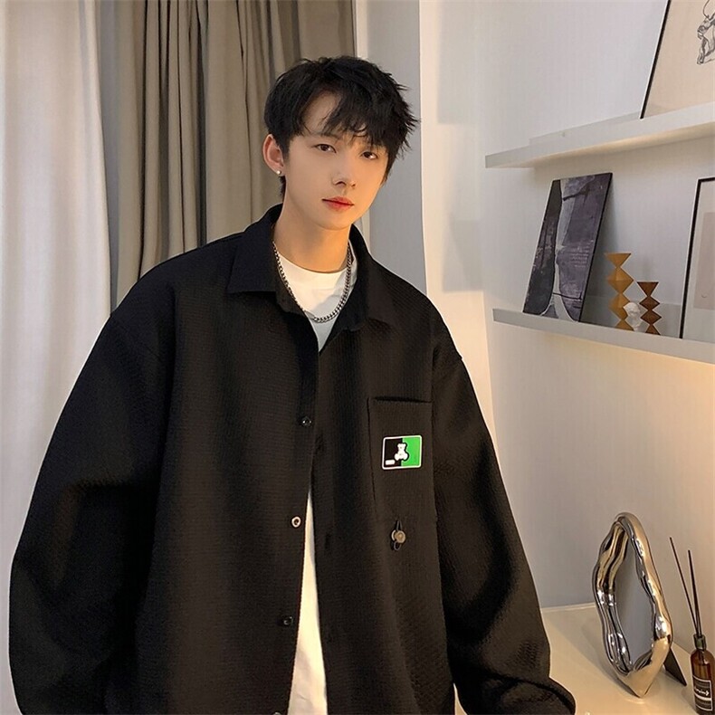 2025秋款韩版潮流华夫格贴标长袖衬衫男时尚百搭衬衣外套C812-P45，男装衬衫，电商A001