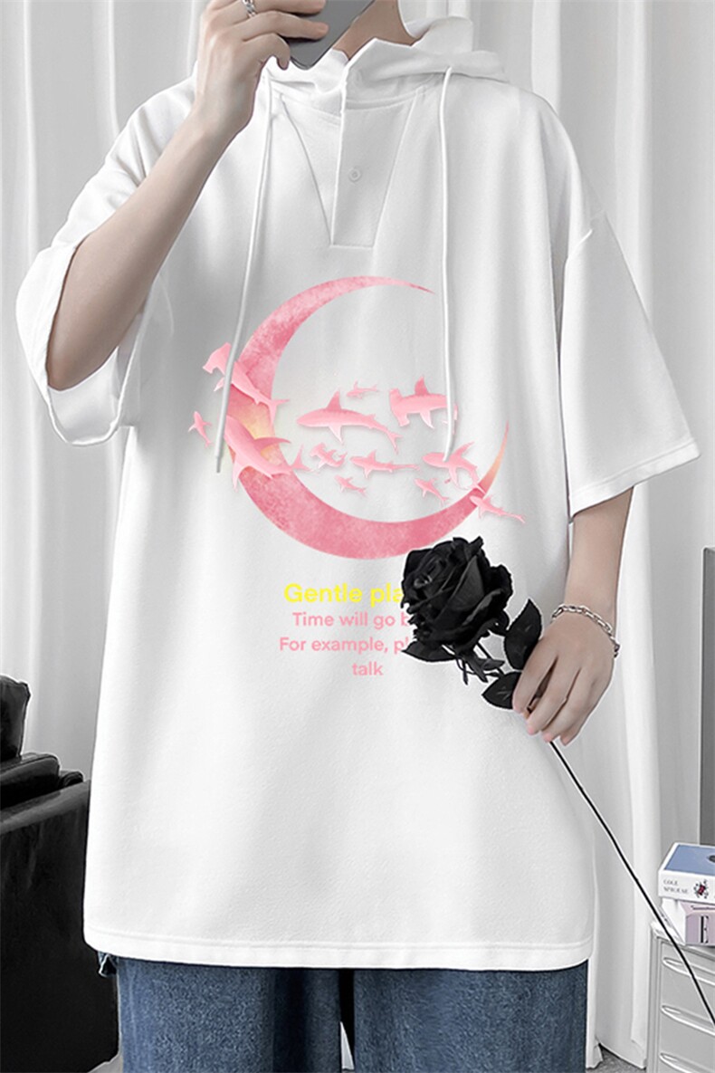 LD54209-P45连帽短袖t恤男大码胖子带帽五分袖中袖,男装T恤,电商A040