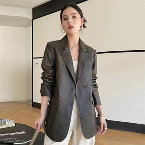 2024年秋季新款复古高级感西装皮衣女士时尚休闲宽松百搭真皮外套图片