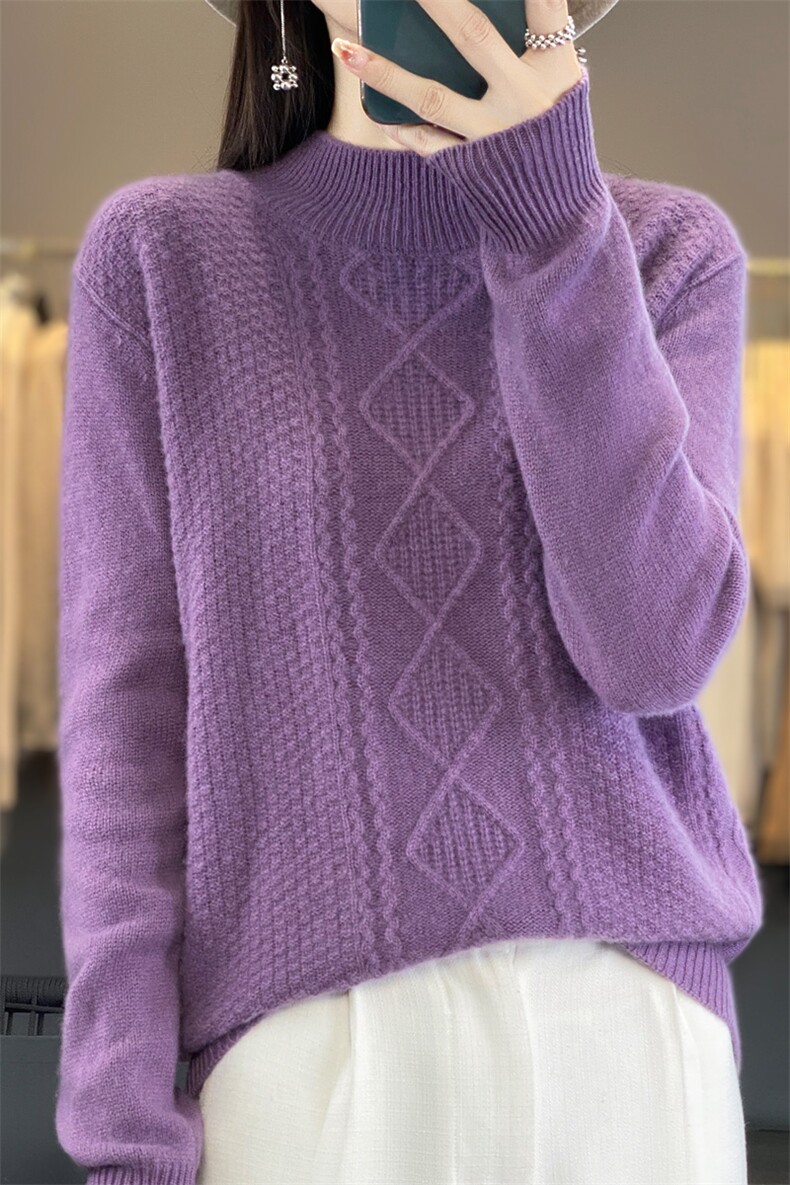 半高领提花100%纯羊毛衫女秋冬款纯色针织长袖毛衣宽松打底羊绒衫,女装羊毛衫,昭美羊绒